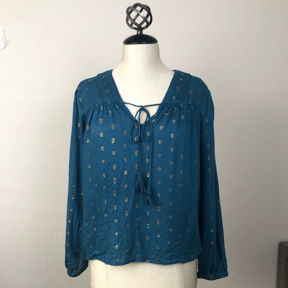 Francesca's Brand Gold Teal Polka Dot Blouse Sz S